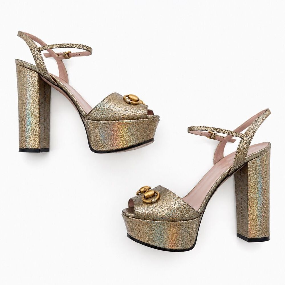 GUCCI Claudie Platform Horsebit Iridescent Gold Heeled Sandal Size 37 Leather - Picture 7 of 12